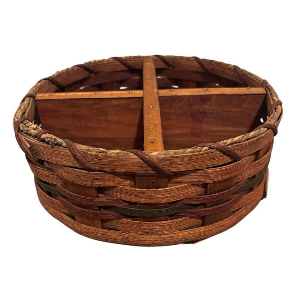 Amish Handwoven Lazy Susan Basket Divided Caddy Wood Base Thousand Islands VTG